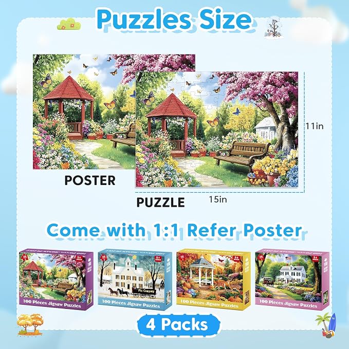 4 Pack 100 Piece Puzzles for Seniors, Four Seasons Jigsaw Puzzles | Elderly Large Piece Puzzle for Adults & Kids Ages 4-6 6-8 8-10, Easy Beginner Puzzle Family Educational Toy Gift