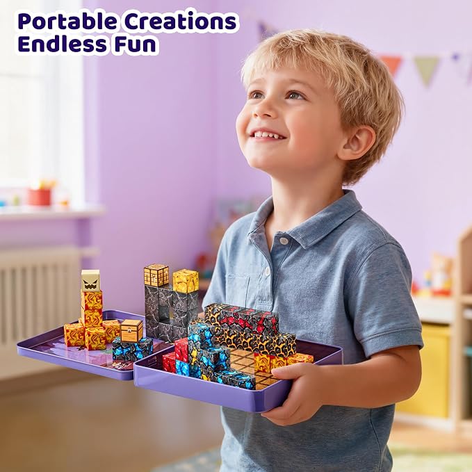 49PCS Magnetic Blocks with Iron Storage Box, Magnetic Cubes Tiles | STEM Educational Stacking Magnets Travel Toys for Kid Ages 3 4 5 6 7 8 9 10 11 Birthday Party Supplies Gifts for Boys Girls