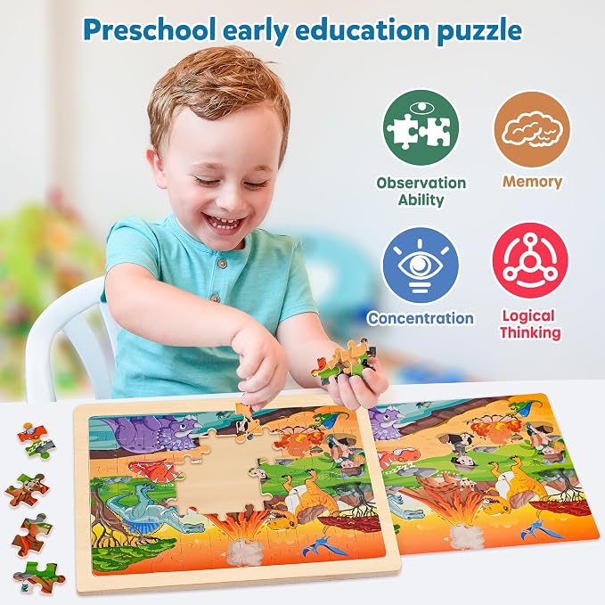 SYNARRY Wooden Dinosaur Puzzles for Kids Ages 4-6, 6 Packs 60 PCs Jigsaw Puzzles Educational Toys Gifts for Children Ages 4-8, Easter Basket Stuffers Gifts Toys for Kids