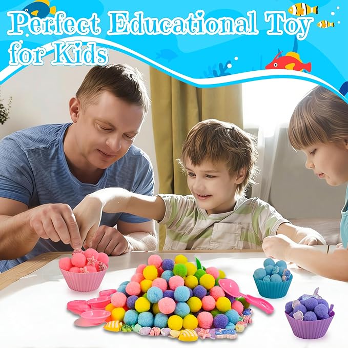 185pcs Summer Ocean Animal Sensory Bin Filler Fine Motor Toys Ocean Animals Sensory Bin Items Resin Crab, Starfish, Sea Snail, Pearl Shell Pom Poms for Preschool Education Counting Sorting
