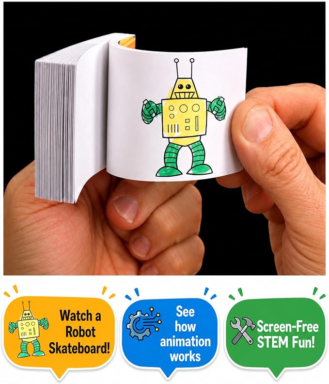 Fliptomania Flipbook Make-Your-Own Flip Book Kit for Kids 3 Pack, Rocket, Robot, & Blank DIY Flipbook Paper, Drawing Kids Arts & Crafts Project Set, Boys and Girls Arts and Crafts for Kids Ages 8-12