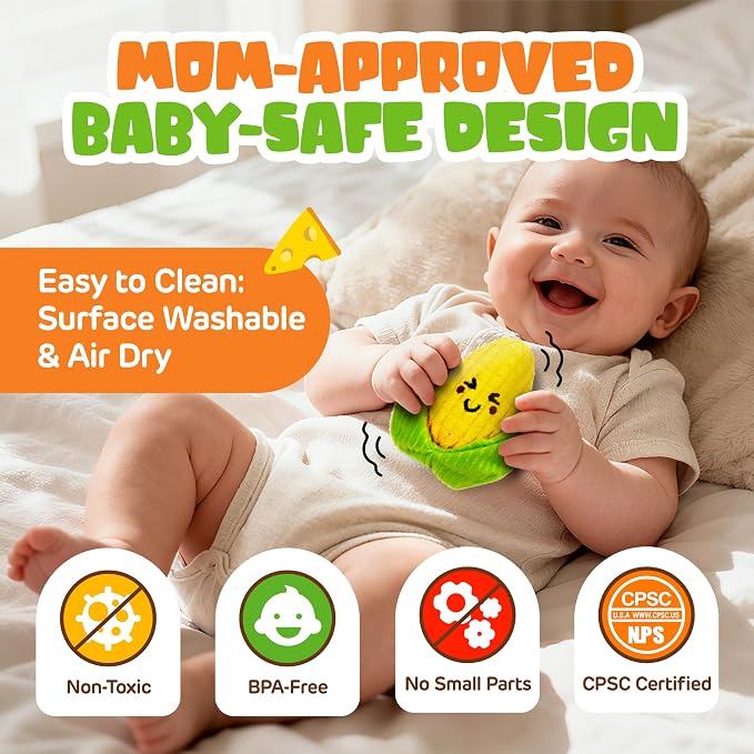 Montessori Baby Sensory Pizza Plush Toy with Peel & Stick for 6-36 Months | Crinkle Rattle Squeaker Play Food, Soft Baby-Safe Multi-Textured, STEM Fine Motor Skills, Boy Girl Baby Shower Birthday Gifts