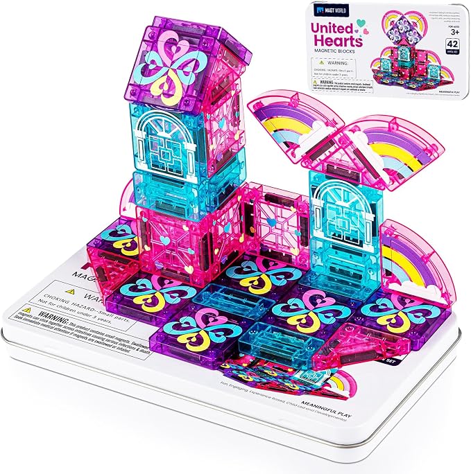 42PCS Mini Magnetic Tiles Toddler Travel Toys for Girls 3-5 Year Old Gifts | Heart & Rainbow Theme, Portable Metal Case, Kids Travel Essentials for Airplane, Car & Road Trip, STEM Preschool Learning Toy