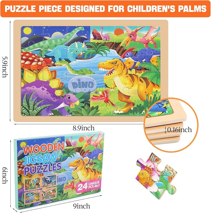 4 Packs 24 PCs Wooden Puzzles for Kids Ages 3-5, Montessori Toddler Jigsaw Puzzles, Preschool Educational Toys Gifts for Children Ages 4-8, Puzzles Boards Toys Gifts Easter Basket Stuffers