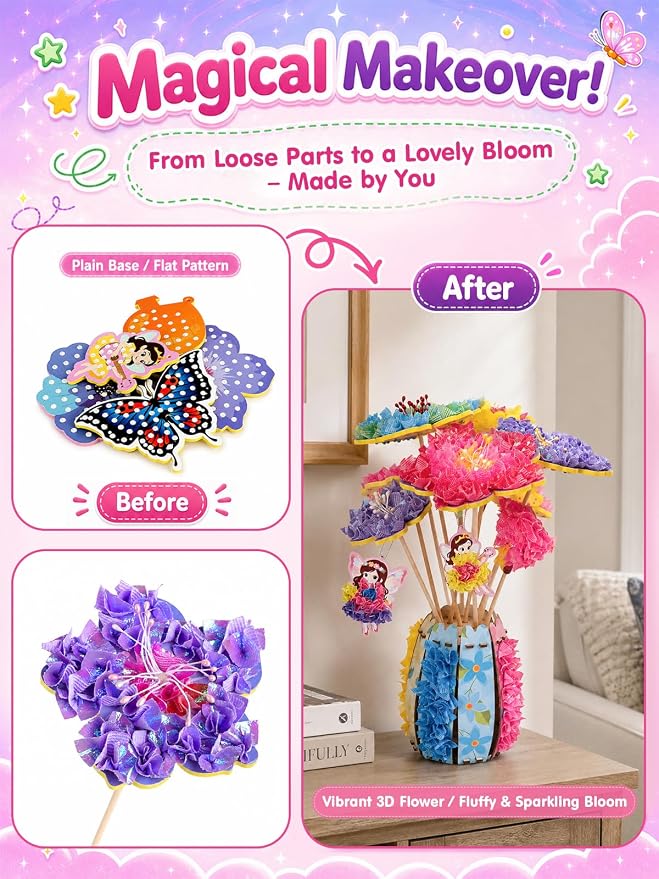 Kivonio Poke Art Kit for Kids - Flower Bouquet, DIY Wood Craft Kit, Mess Free Creative Play for Girls and Boys Ages 4, 5, 6, 7, 8, 9, Fine Motor Skills, Screen-Free Fun