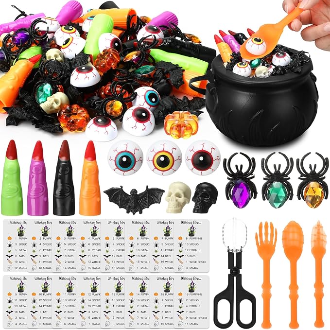 WinnerWhy 117 Pcs Halloween Sensory Bin Whistle Gold Spider Gift Set | Gold Spider Rings, Whistles, Eyeball Bat Skull Pumpkin, Cognitive Cards Sorting Counting, Fine Motor Sensory Training