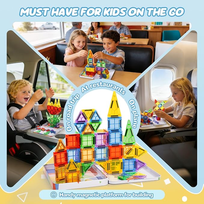 cossy Mini Magnetic Tiles, 46 PCS Magnet Tiles Travel Toys with Iron Box, Travel Magnetic Tiles for Restaurant, Car & Plane Play, Toys for 3 4 5 6 7 8 Year Old Boy and Girl