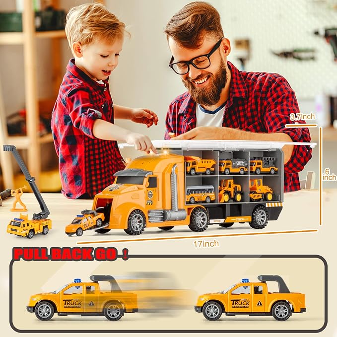 25 in 1 Die-cast Pull Back Construction Truck Vehicle Toys for 3-7Year Old Boy, Sounds and Lights in Large Carrier Truck, Age3+ Kids Child Boy Toy Cars Birthday Gifts