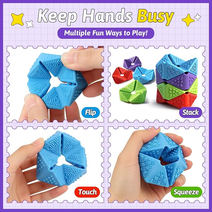 4PCS Sensory Flip Cube Fidget Toys, Quiet Fidget Toy for Kids & Adults | Hexagonal Silicone Sensory Toys for Teens,ADHD,Classroom Prizes,Office Desk Fidgets,Travel Toys,Party Favors,and Gift Ideas