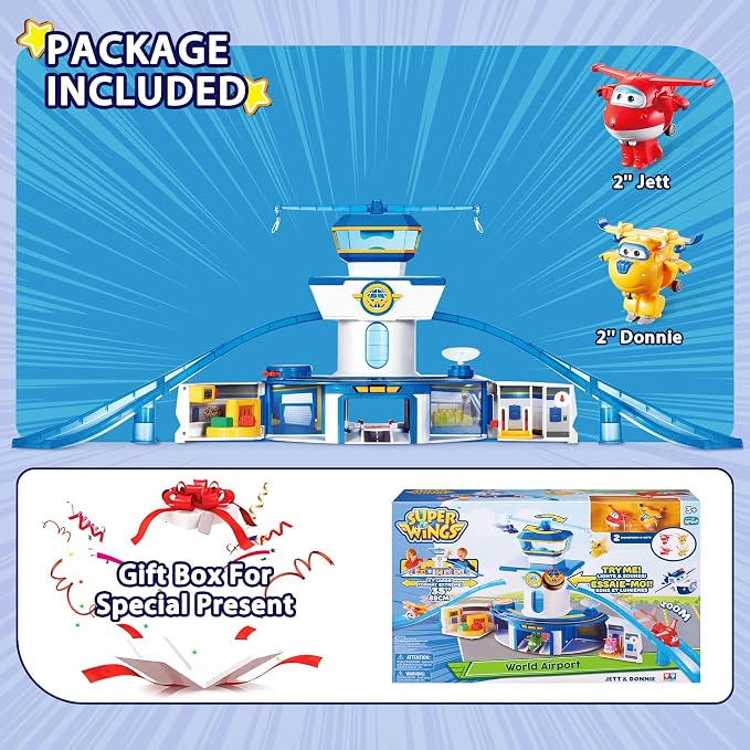 Super Wings World Airport Playset, Includes 2" Transform-a-Bot Jett and Donnie Figures, Preschool Educational Learning Toys for Boys and Girls Age 3 4 5 6, Birthday Gifts for Kids