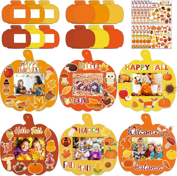 Kepeel 30 Packs Fall Picture Frame Craft Kit for Kids, Thanksgiving | Pumpkin-shaped fall picture frame crafts with autumn stickers for Thanksgiving classrooms, family activities and displays