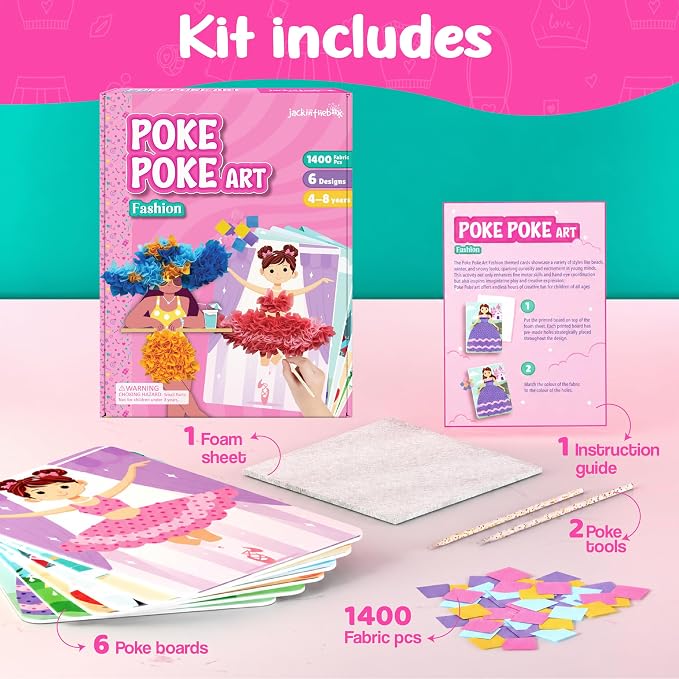 jackinthebox Poke Art Fashion Art Craft Kit for Girls, Kids, Toys, Ages 4-8 | 1400 fabric pieces, travel arts activities & birthday gifts, mess-free playdoh, age 5 6 7 8 9, 4-6 year old, flower pressing