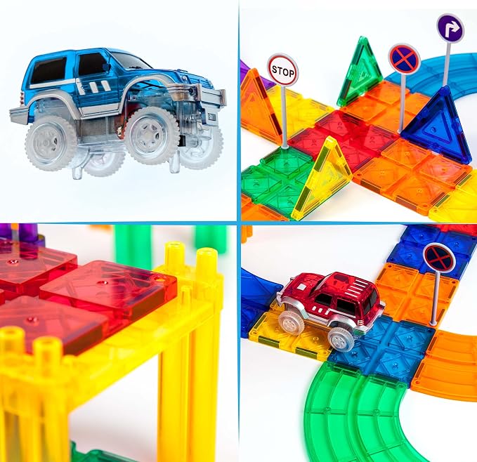 PicassoTiles 50 Piece Race Car Track, Magnetic Tiles STEM Set with LED Cars | 16 pillars, 4 ramps build multi-layer elevation, BPA-free non-toxic materials, sparks STEAM creativity, expands collection