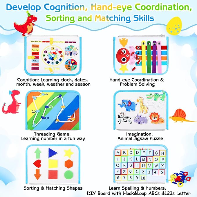 Esjay Busy Board Montessori Toys for Boys Girls, Sensory Book Educational Activities for Learning Fine Motor Skills, Birthday Gifts, Travel Toys for Airplane Car, White Multi
