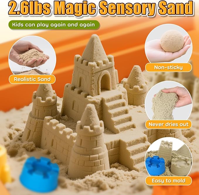 Lehoo Castle Sensory Table with Play Sand 2.6Lbs, Lid, 6 Trucks & Molds | Sensory Bin with Upgraded Adjustable Legs, Construction Kit, Indoor and Outdoor Sand Table Toys for Toddler Boys and Girls