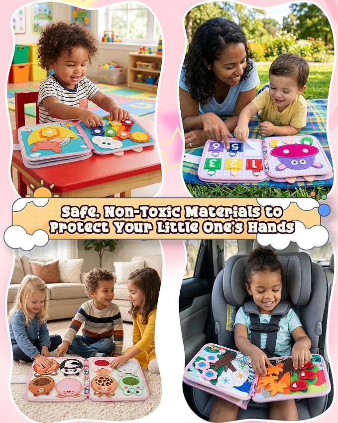 Montessori Busy Book for Toddlers, 8-Page Sensory Activity Book for Fine Motor Skills & Basic Dress Learning, Portable Travel Toy for Preschool Kids, Birthday Gift for Boys and Girls (Rabbit)