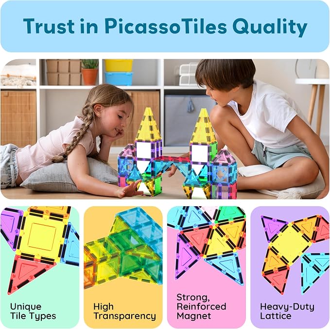PicassoTiles 152 Piece Magnetic Tiles, Mirror Theme STEM Building Ages 3+ | Reflective finish pieces, connects from any angle, includes bonus car, compact storage case, screen-free sensory play