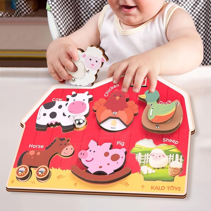 KALOTOYS Wooden Farm Animal Puzzle for Toddlers 1-3 – 6 Piece Montessori Sound & Sensory Puzzle with Textures & Hatching-Egg Chicken – Fine Motor Learning Toy & Autism-Friendly Baby Gift