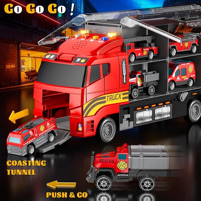 Toddler Toys for 3 4 5 6 Years Old Boys with Die-Cast Toy Cars & Play Mat | Fire Trucks for Toddlers 3-5 with Light and Sound,Friction Powered Truck fire Toy, Birthday & Christmas Gift for Boys & Girls