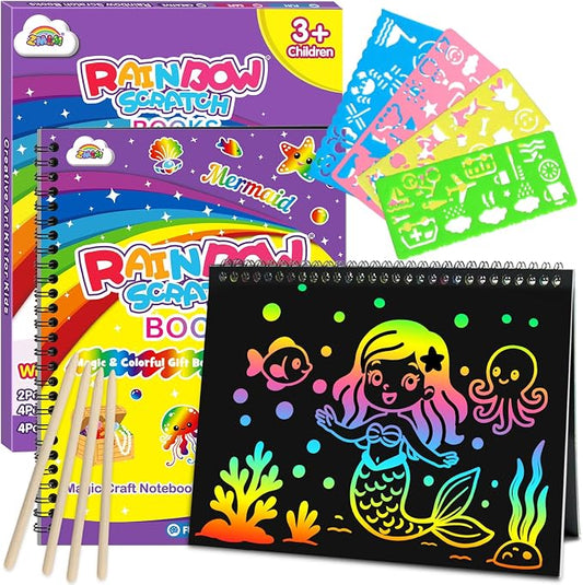 ZMLM Scratch Paper Art-Crafts Gift: 2 Pack Rainbow Notebooks Supplies Toys | Art Crafts for 3 4 5 6 7 8 9 10 11 12 Years Old Girls and Boys Kids Birthday Christmas Party Travel Games Activities Mermaid