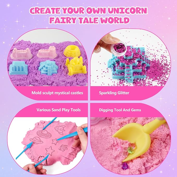 Unicorn Sensory Bin for Girl, Magic Sand Art Kit for Boys and Girl with Sandbox, Castle Molds, 2.18lb 3 Color Sand, Best Unicorn Toy Kits Christmas Birthday Gift for Toddler Ages 3+