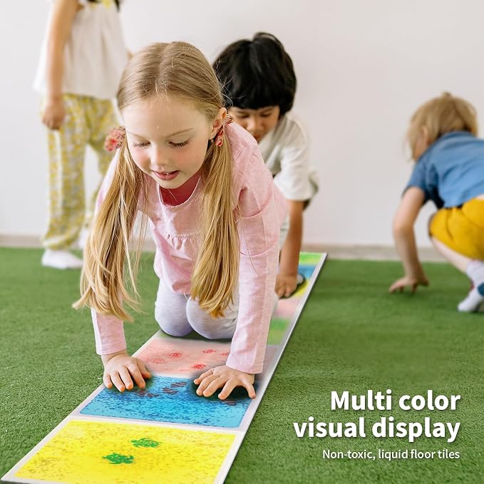 LONGKING 4-Sheet Liquid Square Sensory Tiles, Animal Pattern, Colorful Floor Tile for Play Centers, Playroom, Lava Tiles, 11.8"x11.8" | Sensory floor tiles, soft liquid gel, 11.8"x11.8", color movement play mat, playroom classroom daycare, 4-sheet