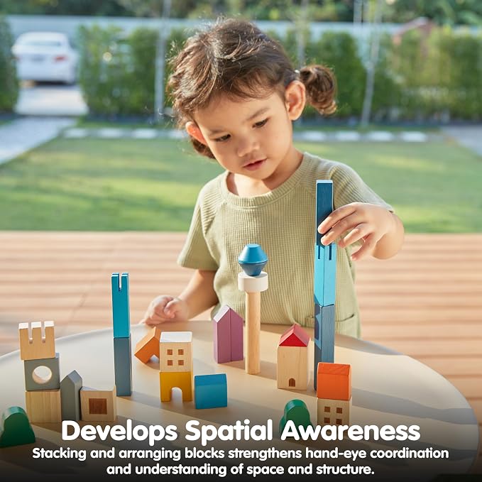 PlanToys® Cityscape Blocks Wooden Montessori Building Imaginative Kids Set | shapes, buildings, construction toys, sorting & stacking toys, girls, boys, spatial STEM fine motor creative gift preschool