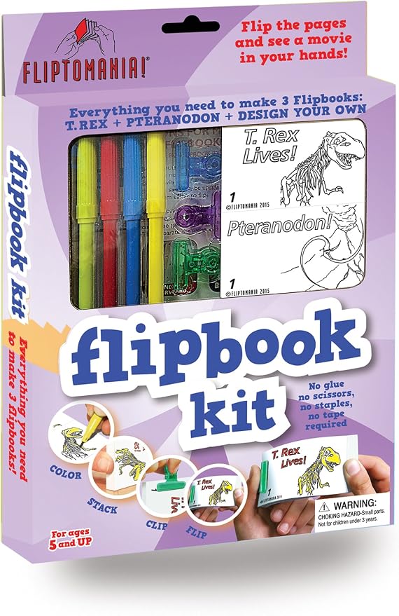 Fliptomania Flipbook Make-Your-Own Flip Book Kit for Kids 3 Pack, T-Rex, pterodactyl ,& Blank DIY Flipbook Paper, Drawing Kids Arts & Crafts Project Set, Boys, Girls Arts and Crafts for Kids Ages 8-12