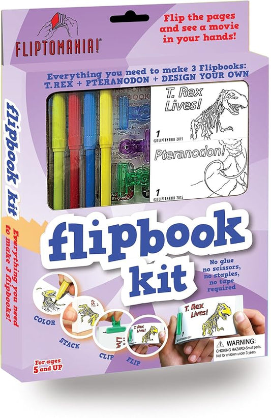 Fliptomania Flipbook Make-Your-Own Flip Book Kit for Kids 3 Pack, T-Rex, pterodactyl ,& Blank DIY Flipbook Paper, Drawing Kids Arts & Crafts Project Set, Boys, Girls Arts and Crafts for Kids Ages 8-12