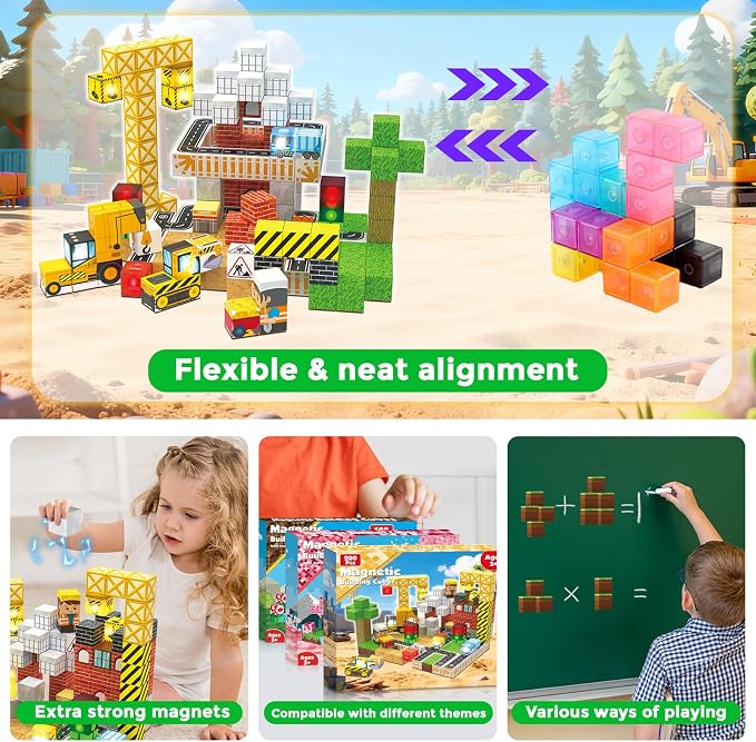 ToyUnited 200PCS Light Up Magnetic Blocks - Magnet Building Blocks, Stacking Magent Cubes Construction Theme, STEM Montessori Sensory Educational Birthday Gifts Toys for Kids Boys Girls Ages 3-12