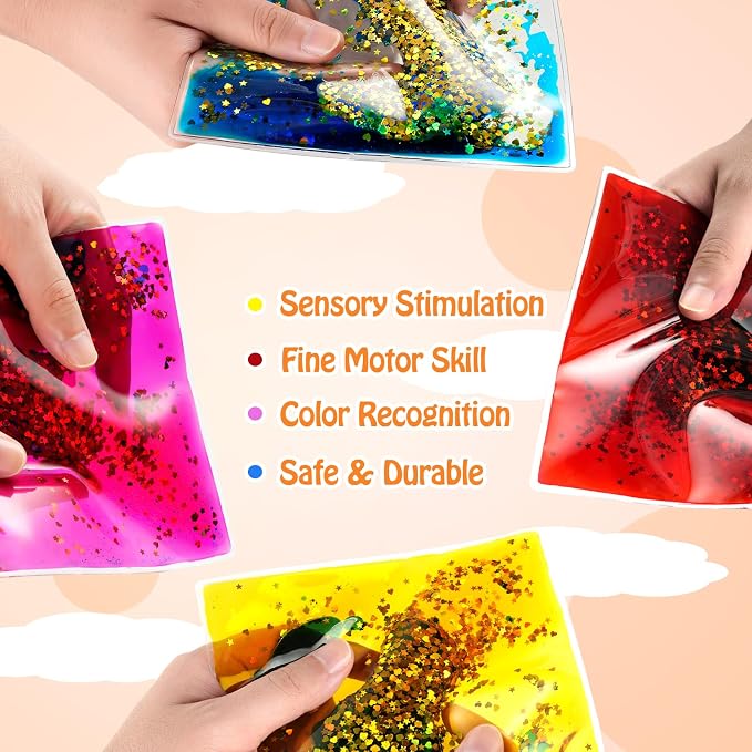 Onyoloy Sensory Soft Gel Liquid Toys: Water Sensory Fidget Toys Square Sensory Toys for Autistic Children 6-Pack | for Autism Kids, Stress Relief & Focus, Home School Therapy Travel Toys (6 Pack)