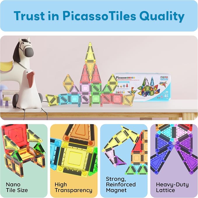 PicassoTiles Magnetic Tiles 30pc Nano Building Construction Set Compact Mini Travel Magnet Tile Playset with Tin Storage Case STEM Educational Learning School Brain Toy Blocks Boys Girls Ages 3+ PN09
