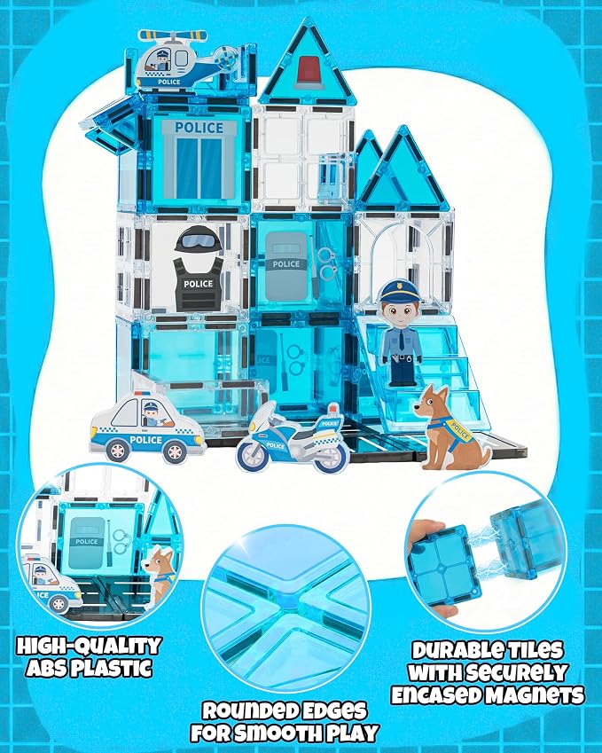 Large Magnetic Tiles for Kids, STEM Toys Building Set, Age 3+,42 Piece | Police Magnetic Tiles Building Blocks with City Scene Pieces, Police Officer Elements, Ideal Gift for Boys and Girls