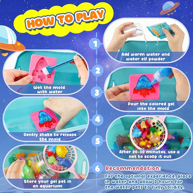 URMYWO Magic Water Elf Toy Kit, 36 Gels & 24 Molds, Squishy Maker for Kids | Aqua Fairy Water Gel Kit with Sparkling, Glow, Bling Gels, Make Your Own Squishies, Dinosaurs Space Molds for DIY Water Pets