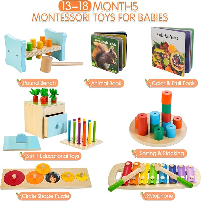 WOODMAM Wooden Montessori Toys for 1+ Year Old, 9 in 1 Educational Play Kit | Toys for 13-18 Months, One Year Old Boy Girl Birthday Gift, Early Learning Toys with Xylophone, Pound Bench, Shape Puzzle