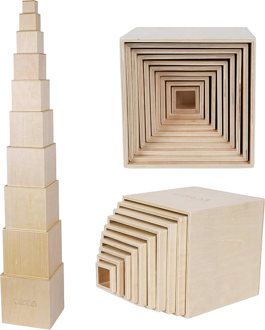 TOWO Wooden Stacking Boxes, Natural Wood Sorting Cups for Toddlers | Wooden stacking cubes support nesting, sorting and early learning; Montessori toy for toddlers age 2+