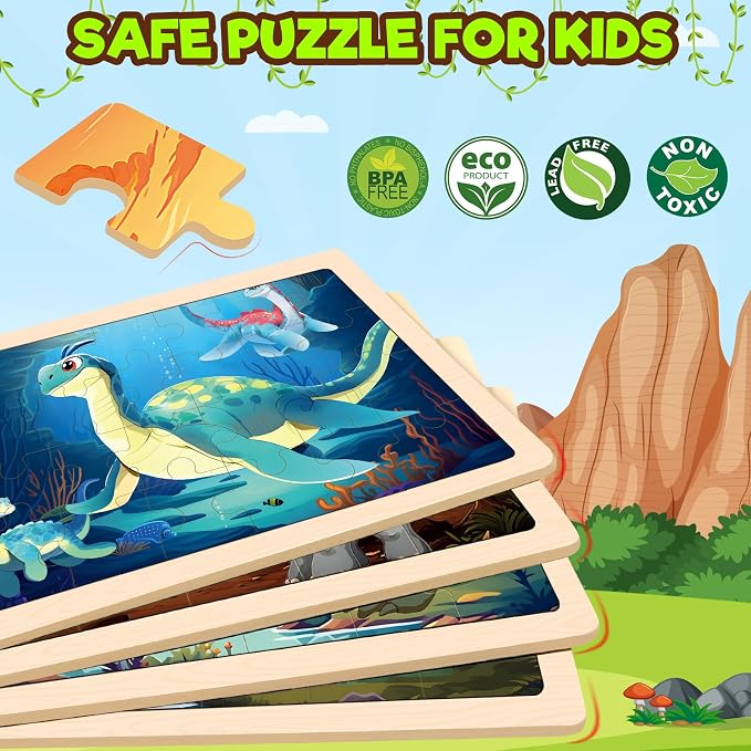 Wooden Puzzles Dinosaur Toys for Kids Ages 3-5, 4 Packs Jigsaw Dino Puzzles for Kids Ages 4-6, Educational Boards Game Gifts for 3 4 5 6 Boys Girls