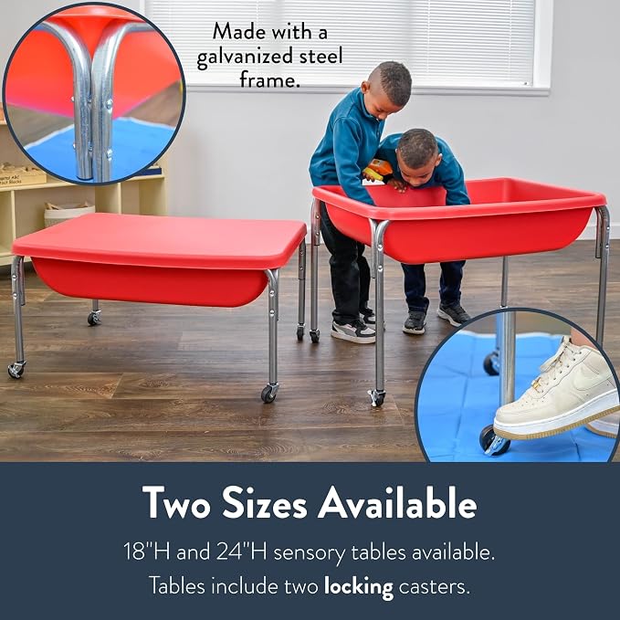 Children's Factory Water Table and Lid Set, Red Sensory Table for Kids, 24" | Sandbox with Locking Casters for Indoor or Outdoor Use, Rust-Resistant Sensory Bin for Classrooms, Preschools, and Daycares