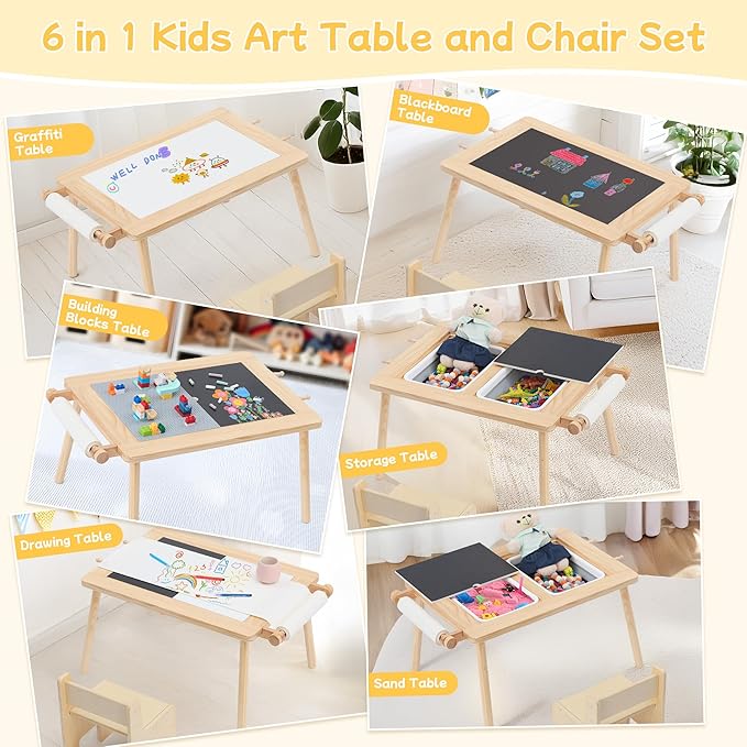 GITAWUSA Sensory Table and Chair for Toddlers 2-8, Wood Kids Activity Tables with Storage Bins, Toddler Play Table with Roll Holder for Drawing Paper, Kids Art Tables with Double-Sided Graffiti