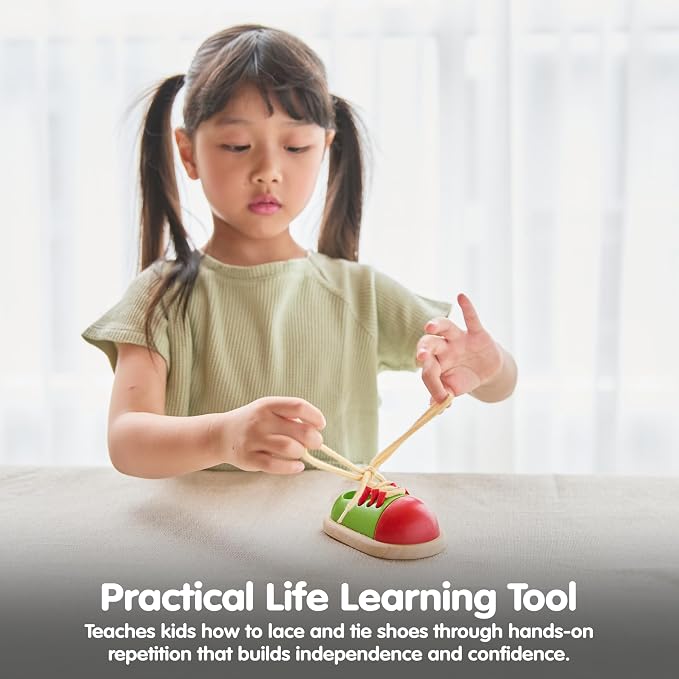 PlanToys® Tie-Up Shoe Lacing Practice Toy for Kids | Montessori Fine-Motor & Independence Activity for Focus & Coordination | Eco-Friendly Wooden Educational Tool