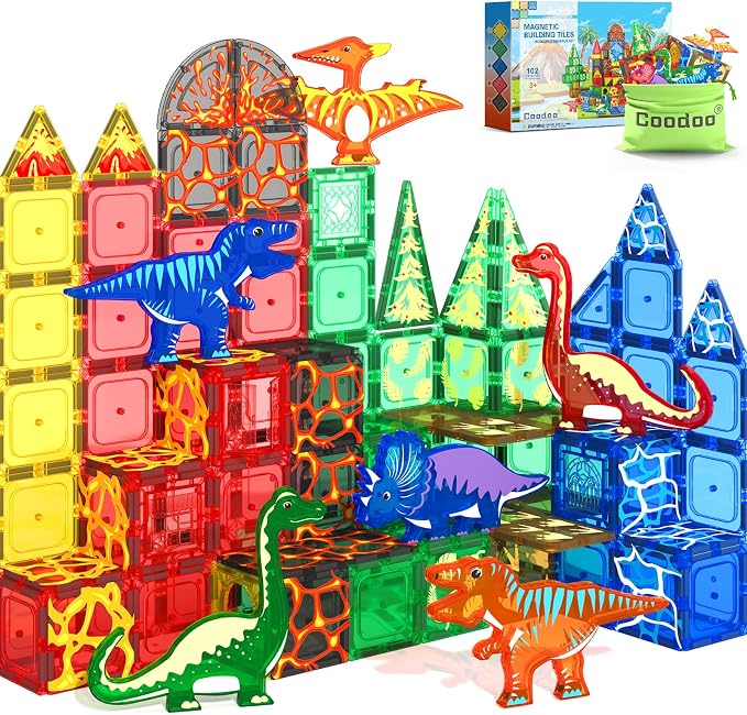 102PCS Dinosaur Toys Magnetic Tiles with 8 Dinosaurs - Jurassic Scenes Toys | Dinosaur World Adventure Set, Magnetic Blocks Kids Toys for Boys & Girls Ages 3+, Sensory Toddler Creative Kids Games Gifts