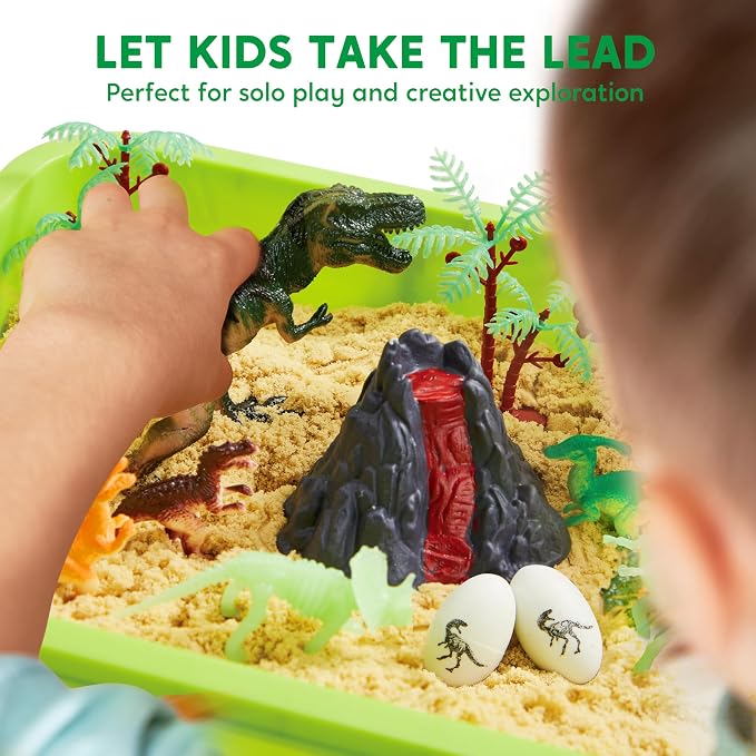 JOVA Klever Kits Dinosaurs Sensory Bin Toys for Kids with Glow in The Dark Dinosaurs, Sandbox with Lid Sand, Preschool Learning Activities Gifts for Boys Girls Age 3+