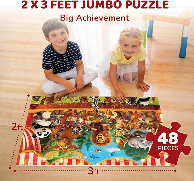 BenBen Floor Puzzles for Kids, 2 x 3 Feet 48 Pieces Forest Animals Puzzles | Extra-Thick Large Piece Jumbo Jigsaw Puzzle for Toddlers Ages 4-6, Preschool Educational Toys with Storage Box for Girls Boys