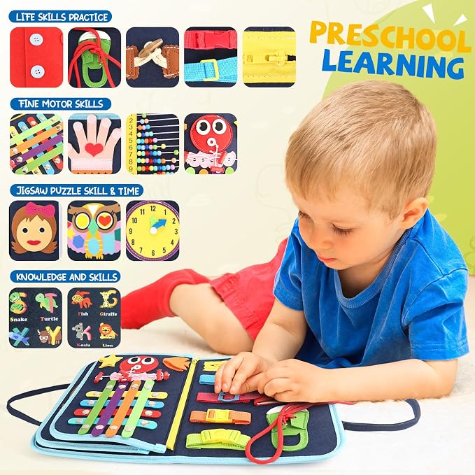 Toddler Busy Board, Montessori Sensory Toys for Boys, 3-8 Year Old Girl Toddler Travel Toys, Educational Learning Activities Board for Motor Skills, Birthday Gifts for Airplane Car, Pink