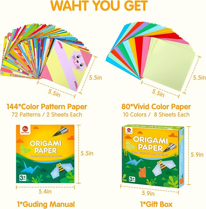 Mocoosy 224 Sheets Origami Paper Kit for Kids Ages 5-8 8-12, Folding Paper Set with Origami Book for Beginners, Art Craft Supplies for Boys Girls 9-12, Travel Game Car Road Trip Activities Toy Gifts