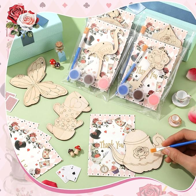 Saypacck 24 Pcs Wonderland Party Favors Wooden Paint Craft Kits | 8 Unicorn Butterfly Designs, Paint Colors Included, Goodie Bags Fillers Wonderland Decorations Fairy Wands Theme Crafts