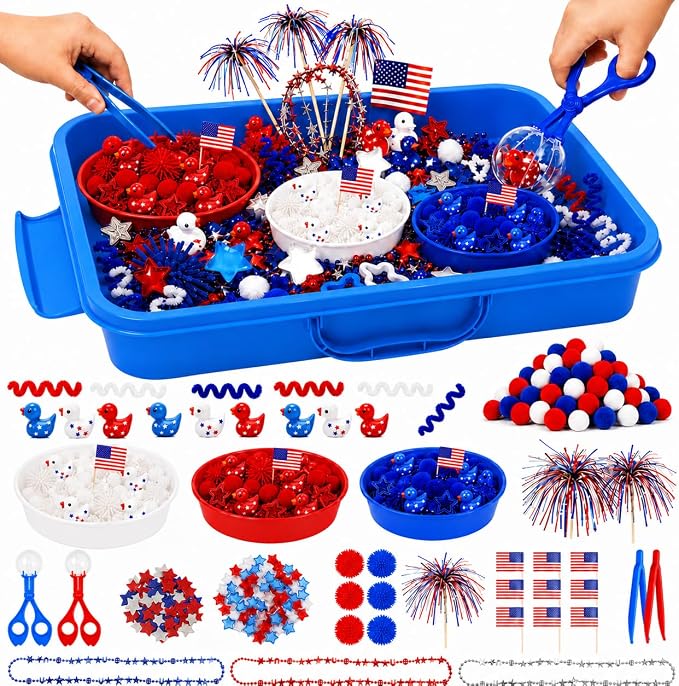 Cinrobiye 186 Pcs 4th of July Sensory Bin Fillers Set, Independence Day Sensory Bin Activity Kit with Storage Box, Sensory Bin Supplies, Fourth of July Crafts, Patriotic Party Activities