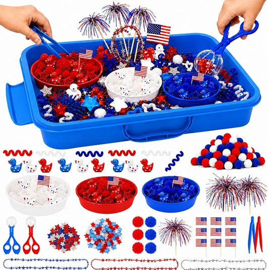 Cinrobiye 186 Pcs 4th of July Sensory Bin Fillers Set, Independence Day Sensory Bin Activity Kit with Storage Box, Sensory Bin Supplies, Fourth of July Crafts, Patriotic Party Activities