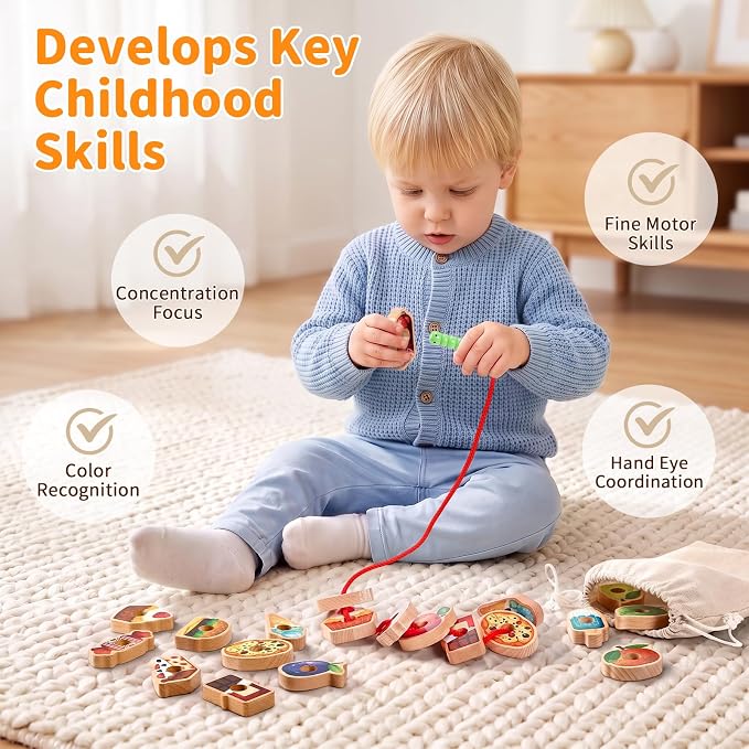 Wooden Greedy Caterpillar Lacing Toy, Fine Motor Game, Ages 2-5 | 18 fruit and vegetable beads, 8 pattern cards, storage bag and box for lacing, sorting, matching, and travel play