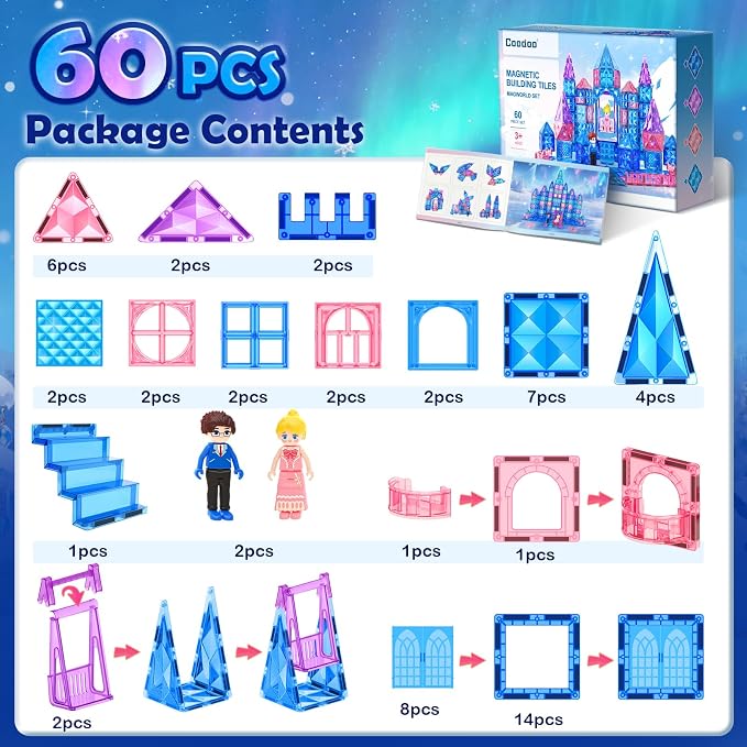 Diamond Magnetic Tiles Building Blocks-Princess Toys for Kids , Girl Gifts | Magnetic Tiles for Kids, Magnetic Blocks, 3 4 5 Year Old Girl Birthday Gifts, Toys for 3 4 5 6 Year Old Girl, Frozen Toys